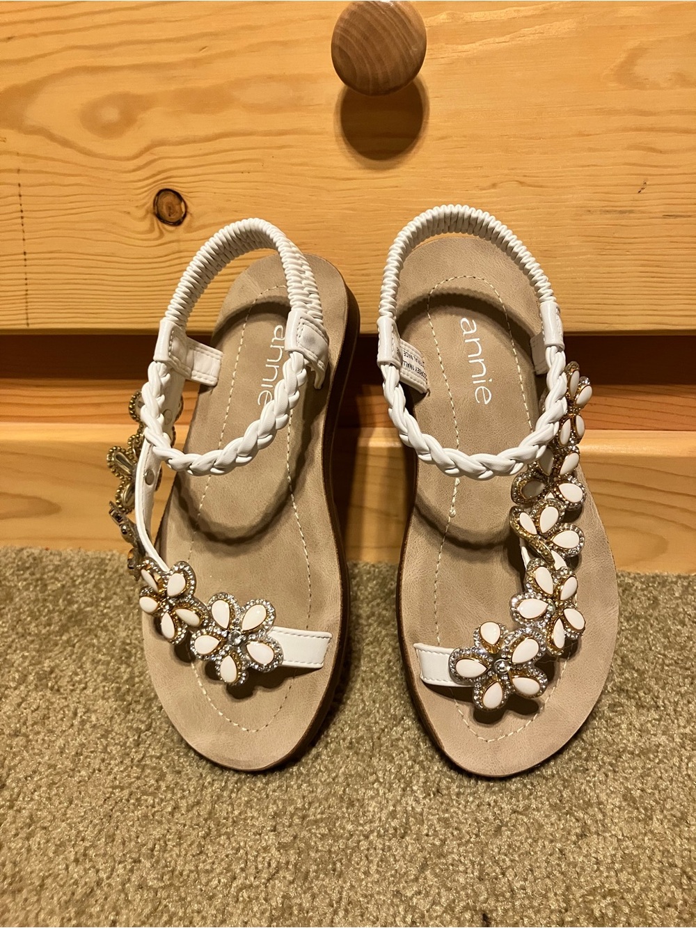 Annie White Braided Floral Rhinestone Sandals